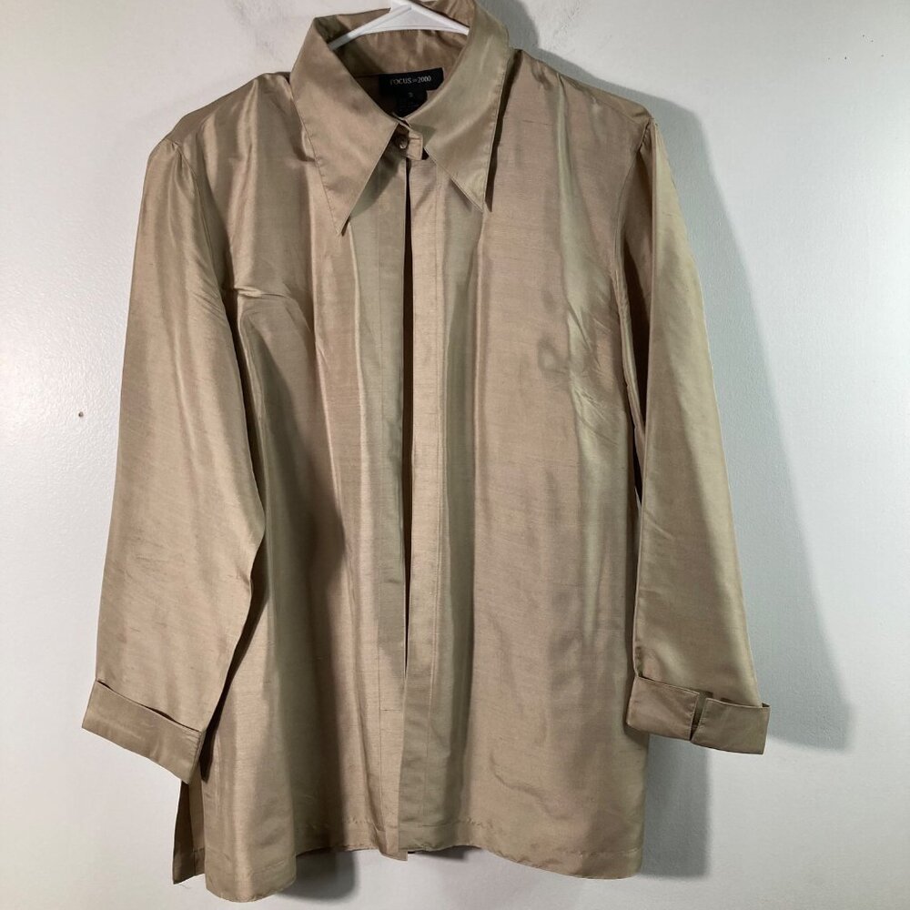 Womens Focus 2000 Slub Silk Over‎ Blouse Open Top Jacket Button Neck Tan 12 Silk